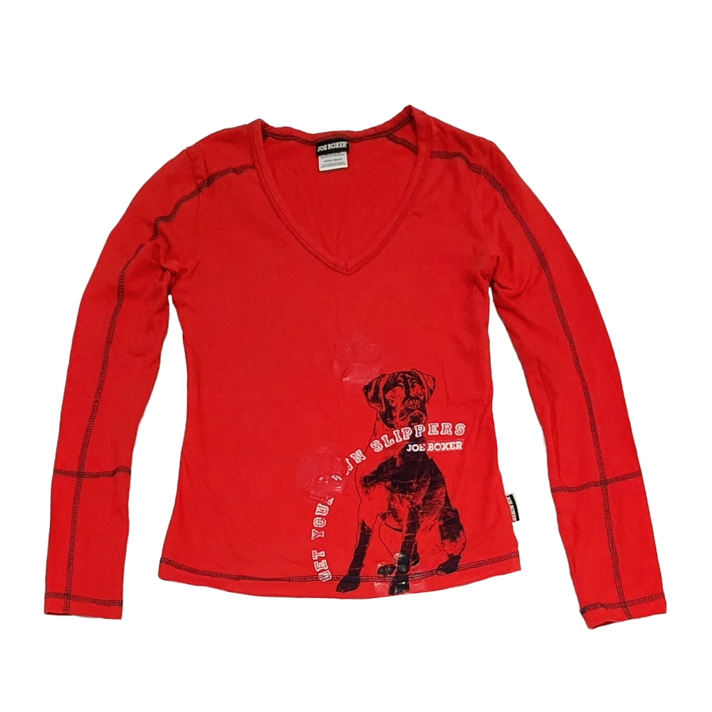 Women Joe Boxer Dog Red Fitted Graphic V-Neck Top Long Sleeve Tee Medium
